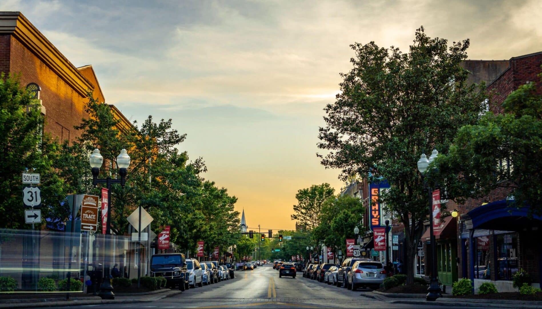 Historic Main Street in downtown Franklin, Tennessee, at golden hour