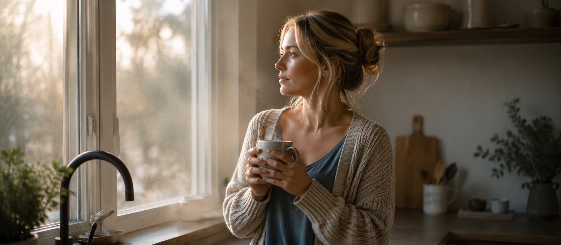 A woman standing at a kitchen window at first light, holding a mug in both hands, looking out