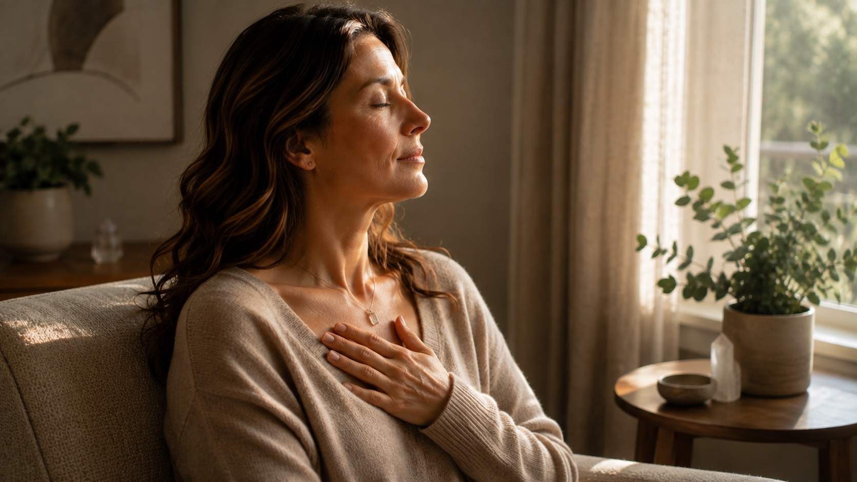 A woman seated with her eyes closed and a hand over her heart, face turned toward the light