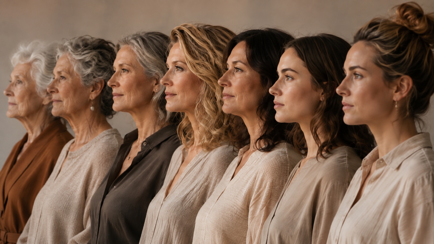 A row of women of different ages, seen in profile