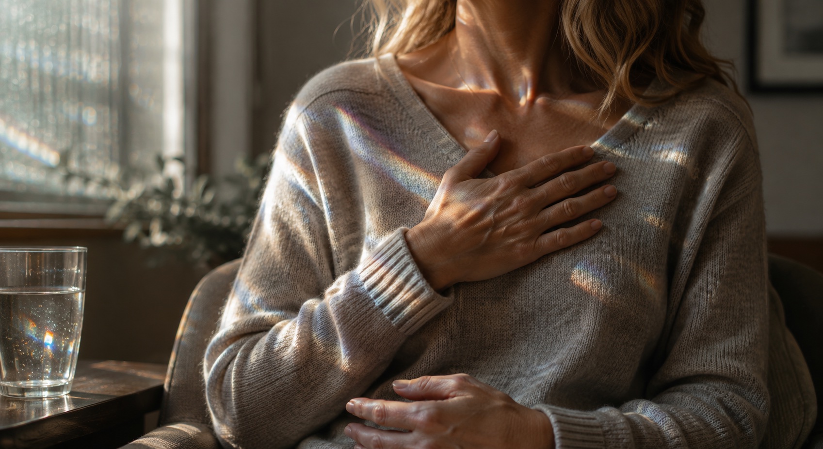 A woman with one hand resting on her chest, window light casting a faint prism across her
