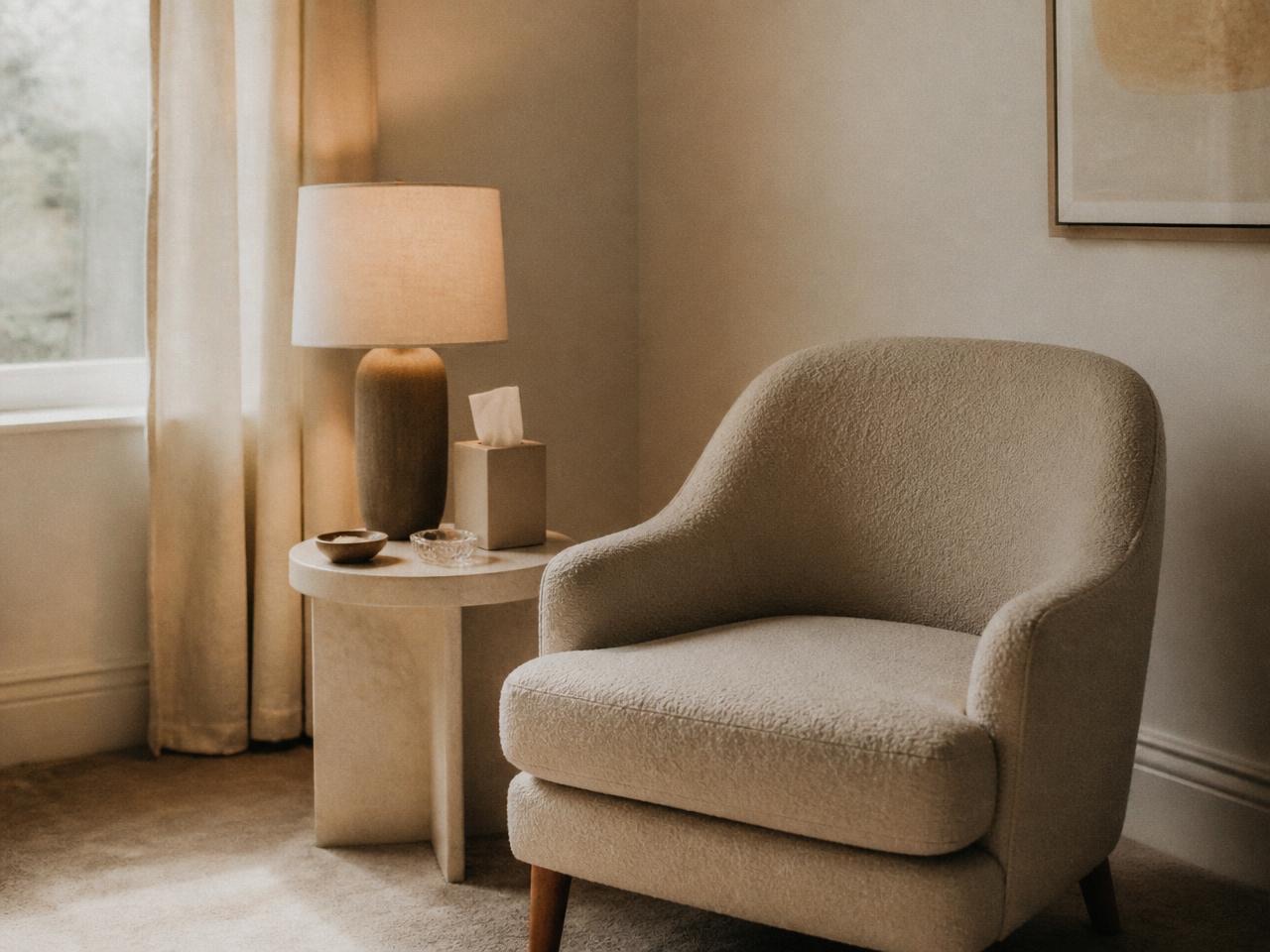A calm therapy-room corner, an armchair, lamp, and tissue box beside a window