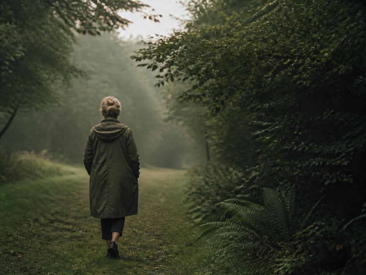 A woman walking alone along a misty wooded path