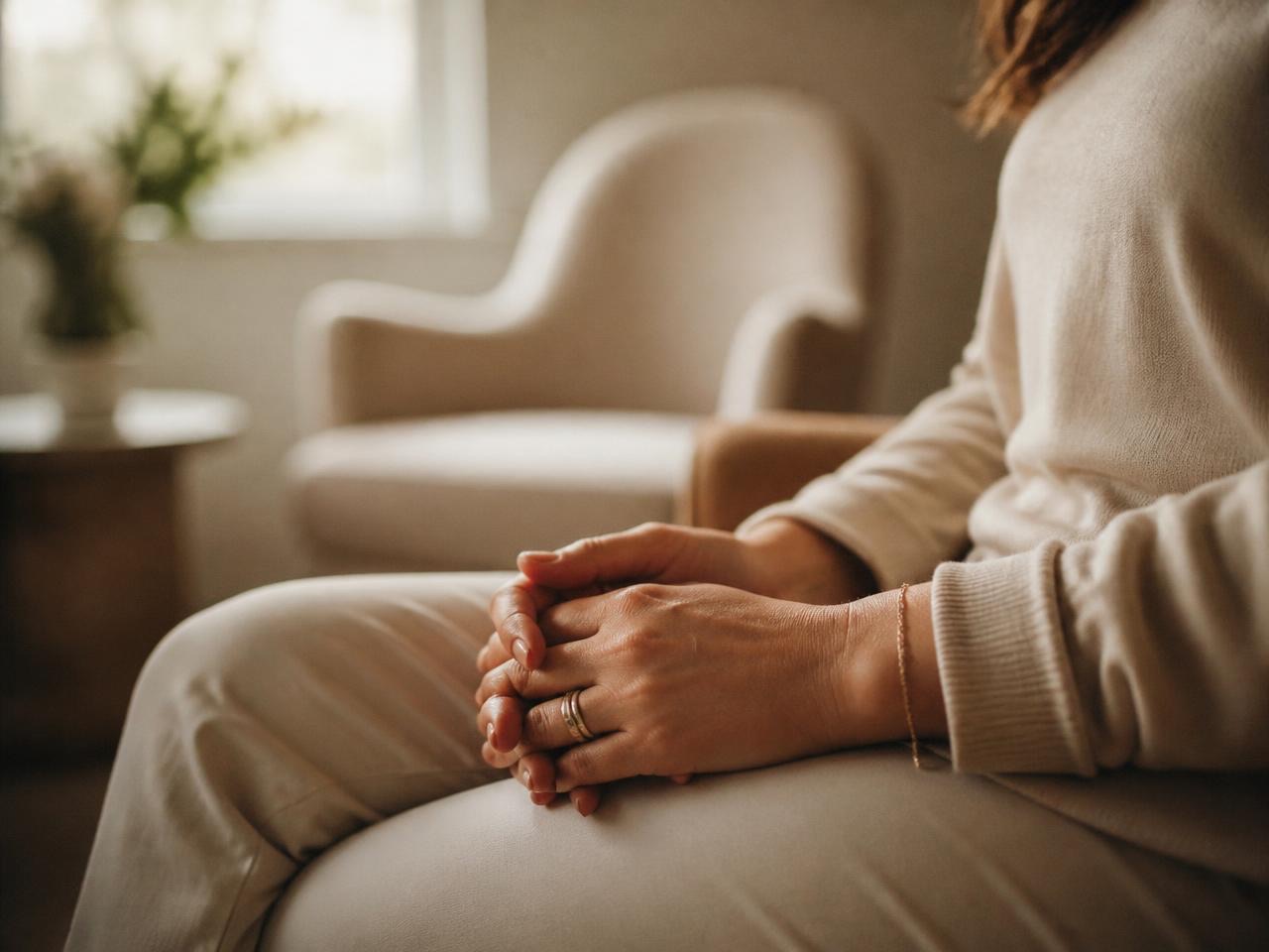 A woman’s hands clasped in her lap as she sits in a softly lit therapy room