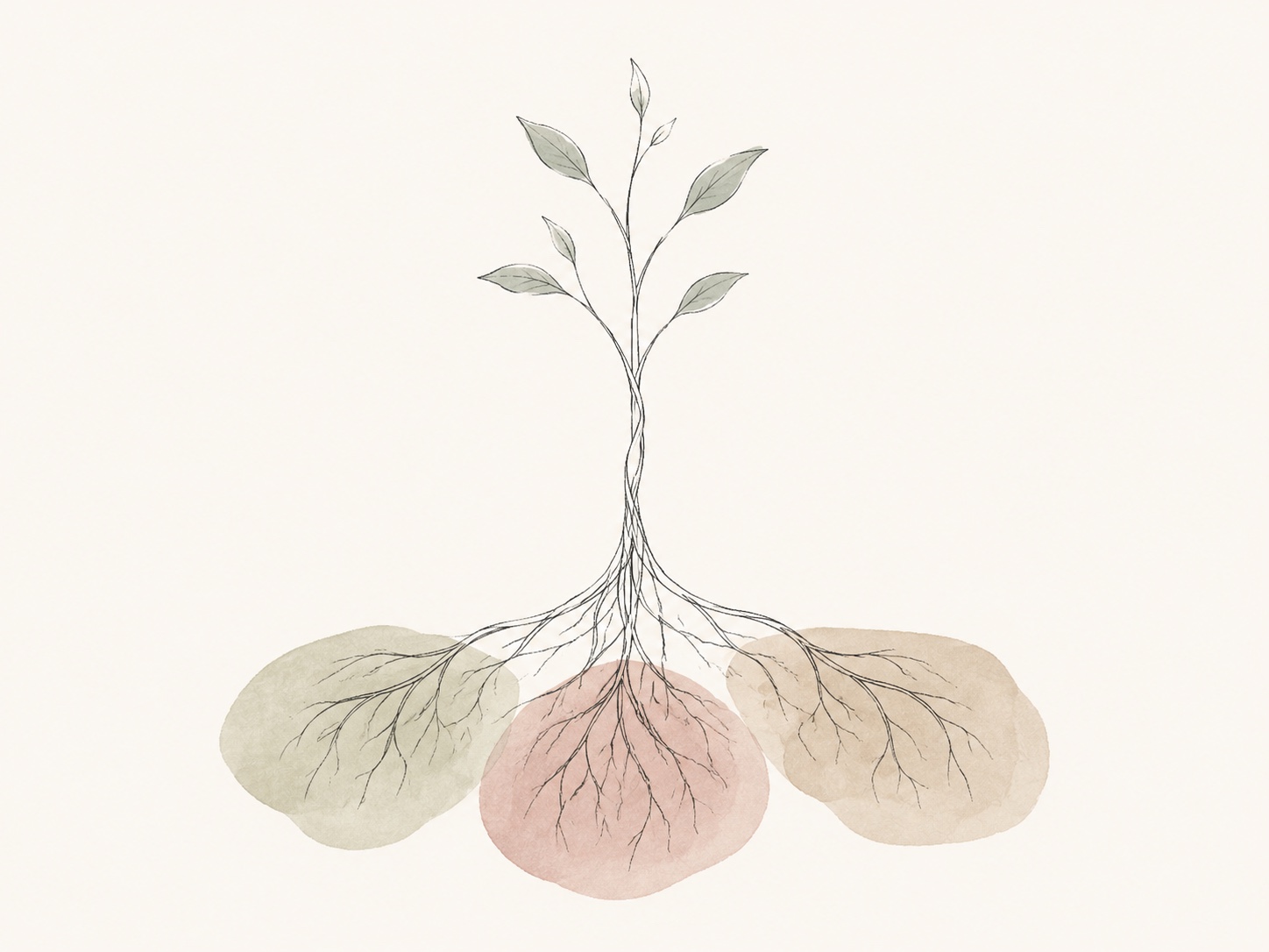 A single plant sending three root systems down into three overlapping washes of colour, sage, rose, and taupe
