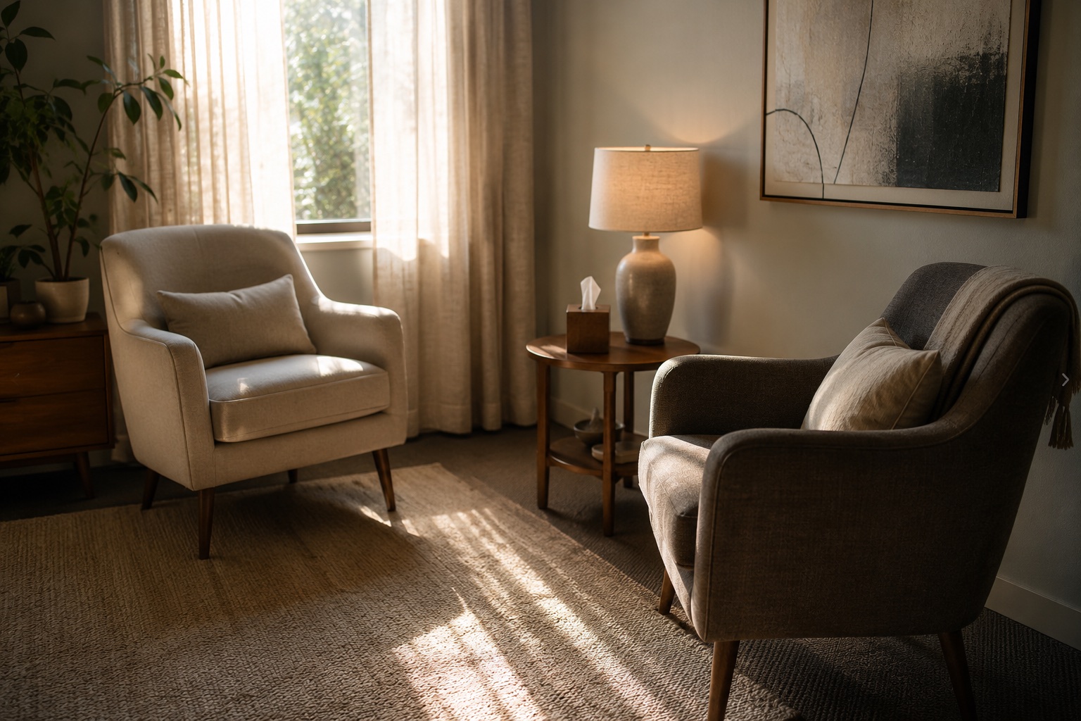 Two armchairs angled toward each other by a curtained window, with a lamp and tissue box on a side table
